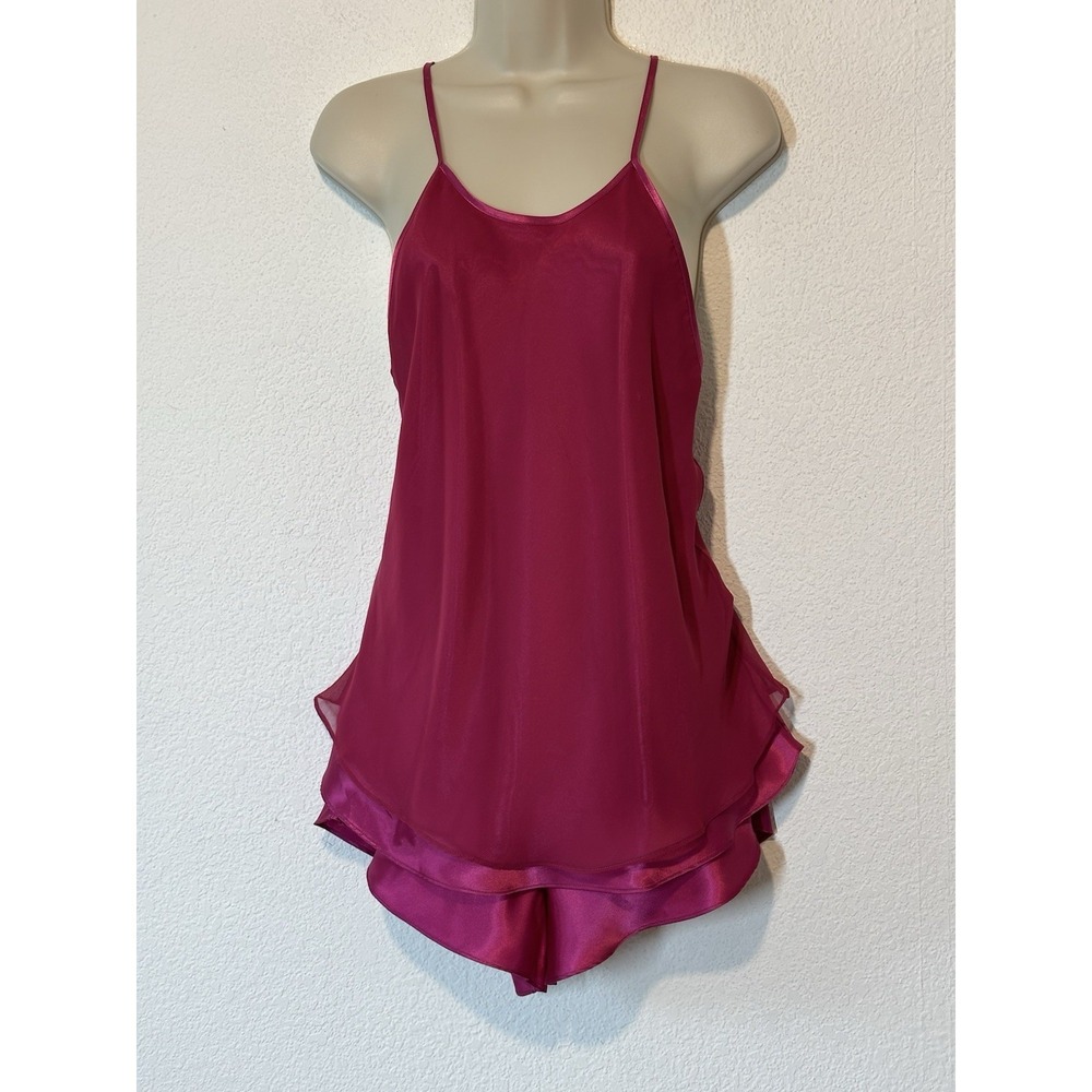 Vtg 90Hot Pink Satin PJ Set Chiffon Camisole Tap Pant Shorts Coquette Boudoir M